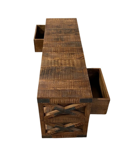 18" Brown and Black Solid Wood Distressed Wheel Console Table With Shelves And Drawers