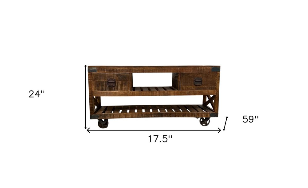 18" Brown and Black Solid Wood Distressed Wheel Console Table With Shelves And Drawers