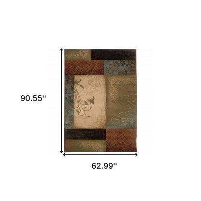 5' X 8' Beige And Brown Floral Block Pattern Area Rug