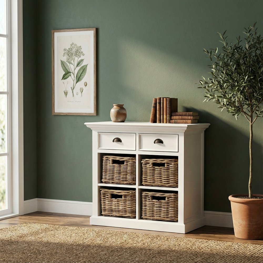 35" White Accent Cabinet With Two Drawers and Baskets