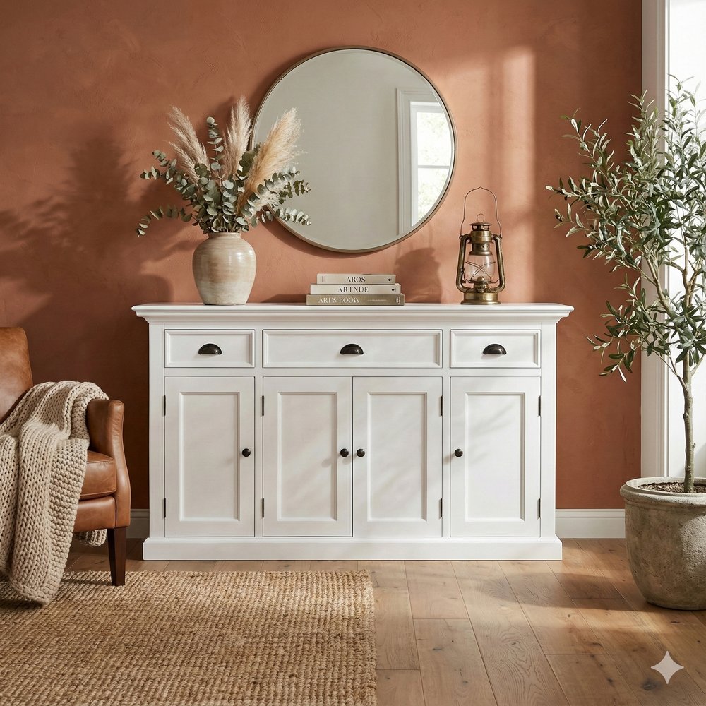57" White Solid Wood Three Drawer Sideboard