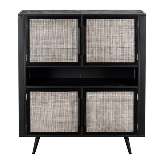 51" Black And Natural Wood And Rattan Accent Cabinet