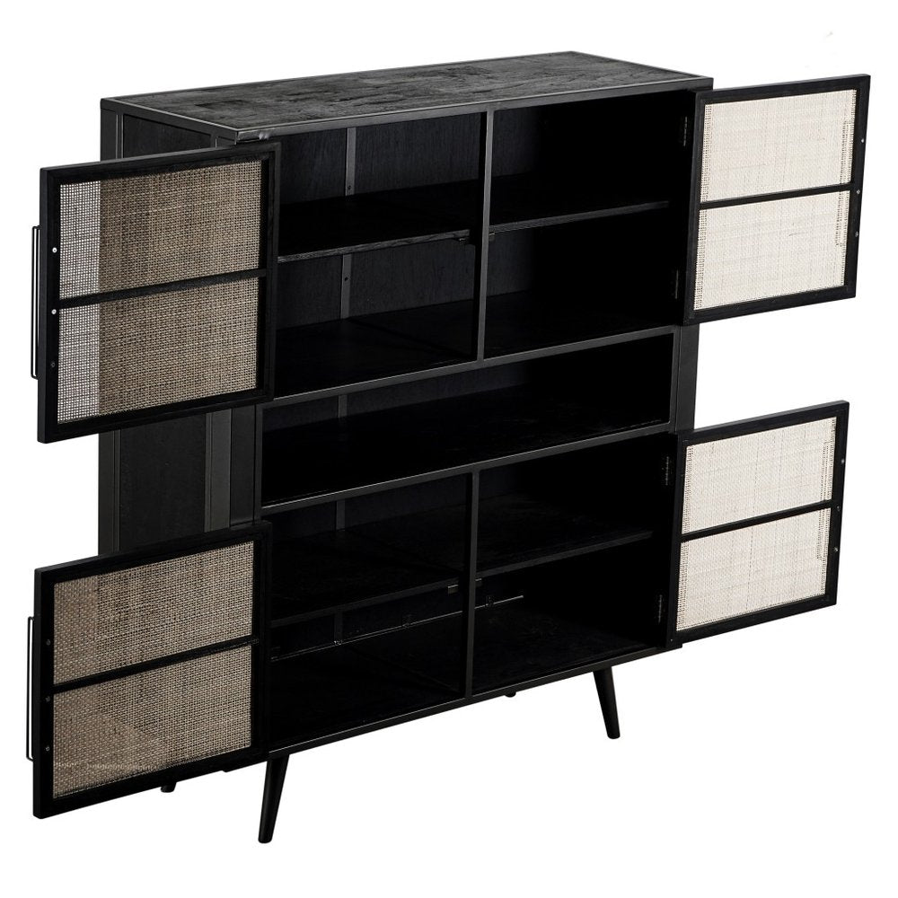 51" Black And Natural Wood And Rattan Accent Cabinet