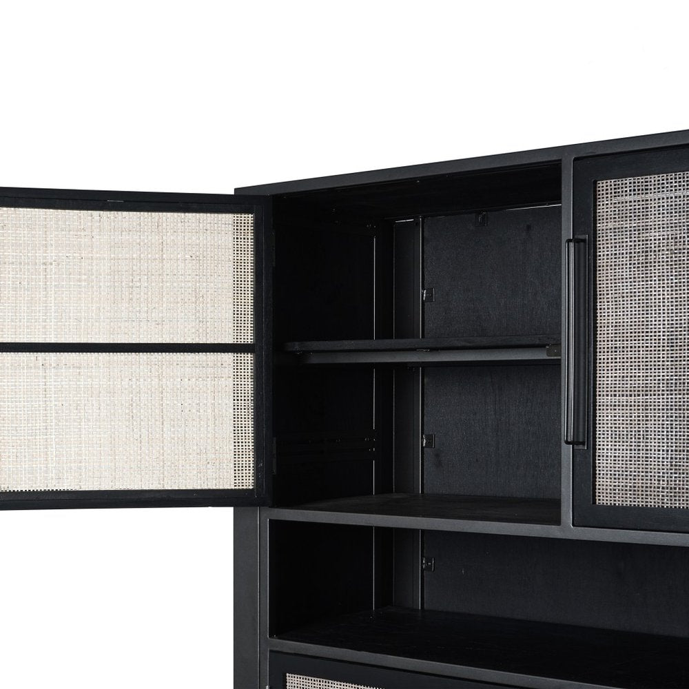 51" Black And Natural Wood And Rattan Accent Cabinet