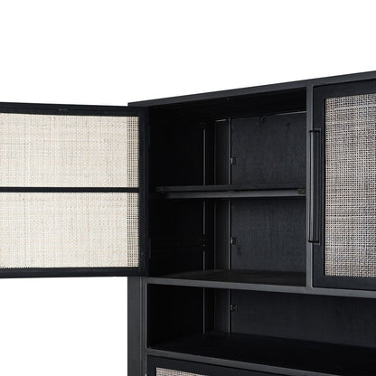 51" Black And Natural Wood And Rattan Accent Cabinet