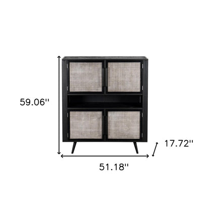 51" Black And Natural Wood And Rattan Accent Cabinet