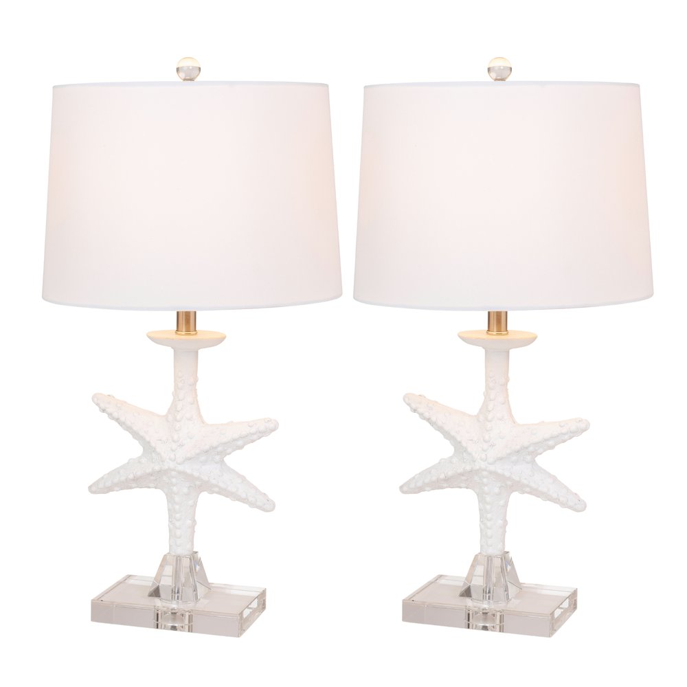 Set of Two 28" Clear and White Coastal Star Fish Table Lamps With White Drum Shades