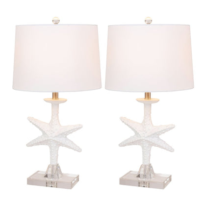 Set of Two 28" Clear and White Coastal Star Fish Table Lamps With White Drum Shades