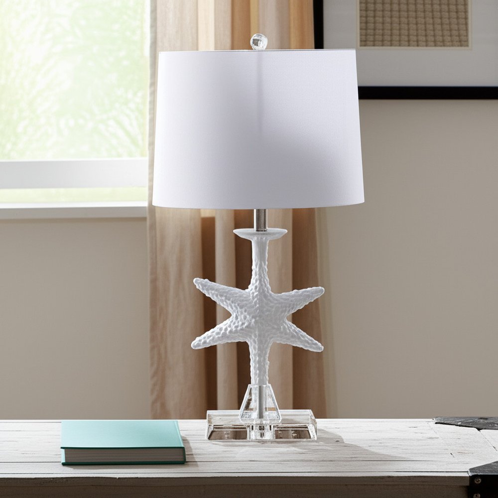 Set of Two 28" Clear and White Coastal Star Fish Table Lamps With White Drum Shades