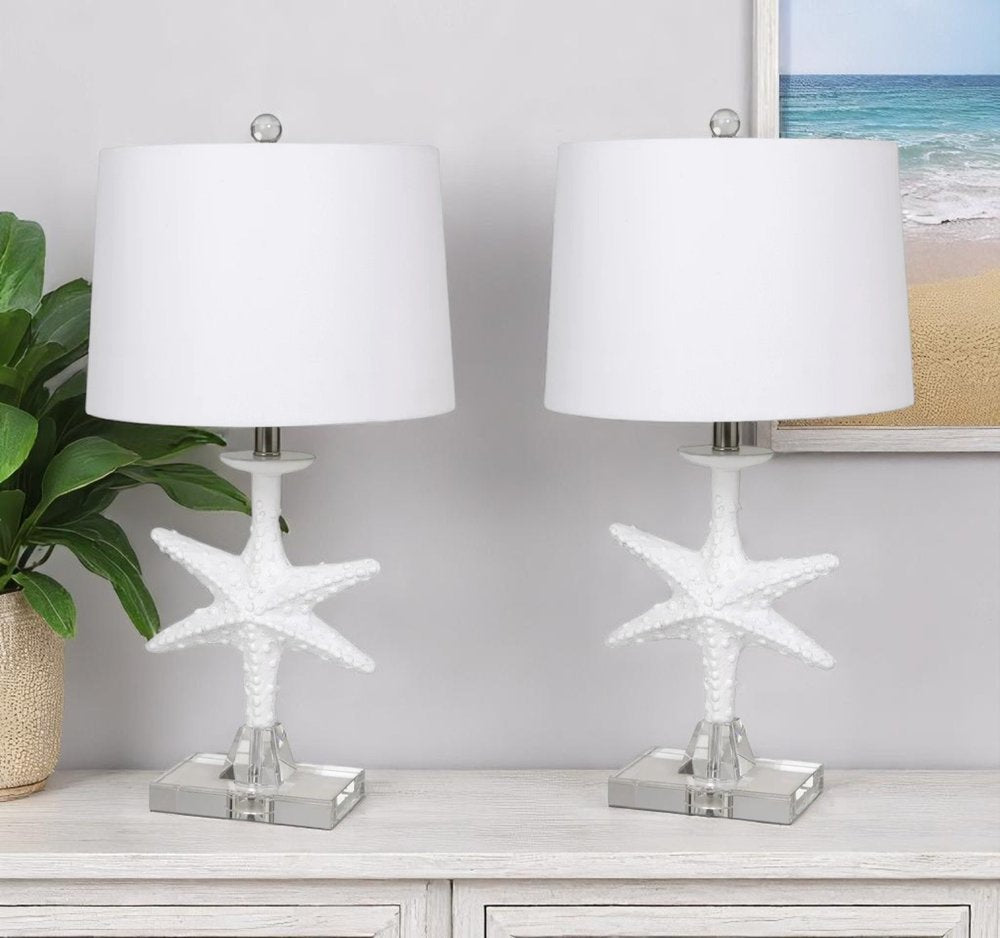Set of Two 28" Clear and White Coastal Star Fish Table Lamps With White Drum Shades