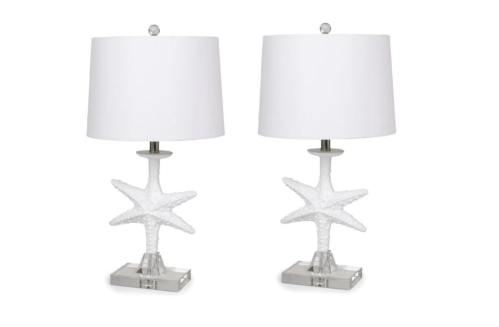 Set of Two 28" Clear and White Coastal Star Fish Table Lamps With White Drum Shades