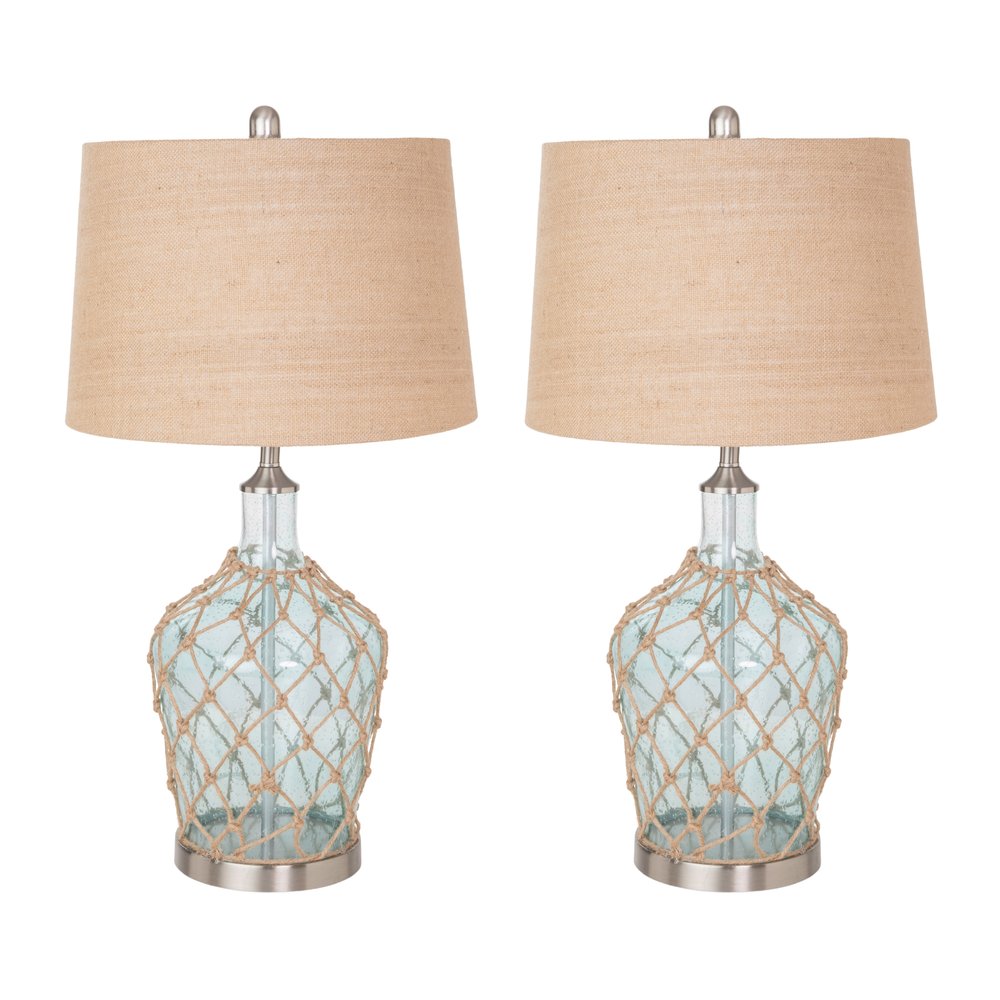 Set of Two 28" Light Blue And Silver Glass And Metal Coastal Table Lamps