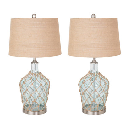Set of Two 28" Light Blue And Silver Glass And Metal Coastal Table Lamps