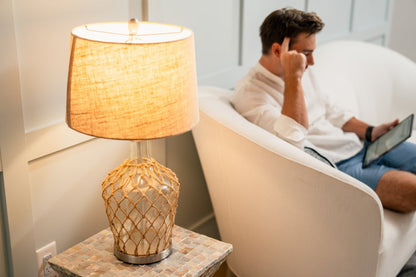 Set of Two 28" Light Blue And Silver Glass And Metal Coastal Table Lamps