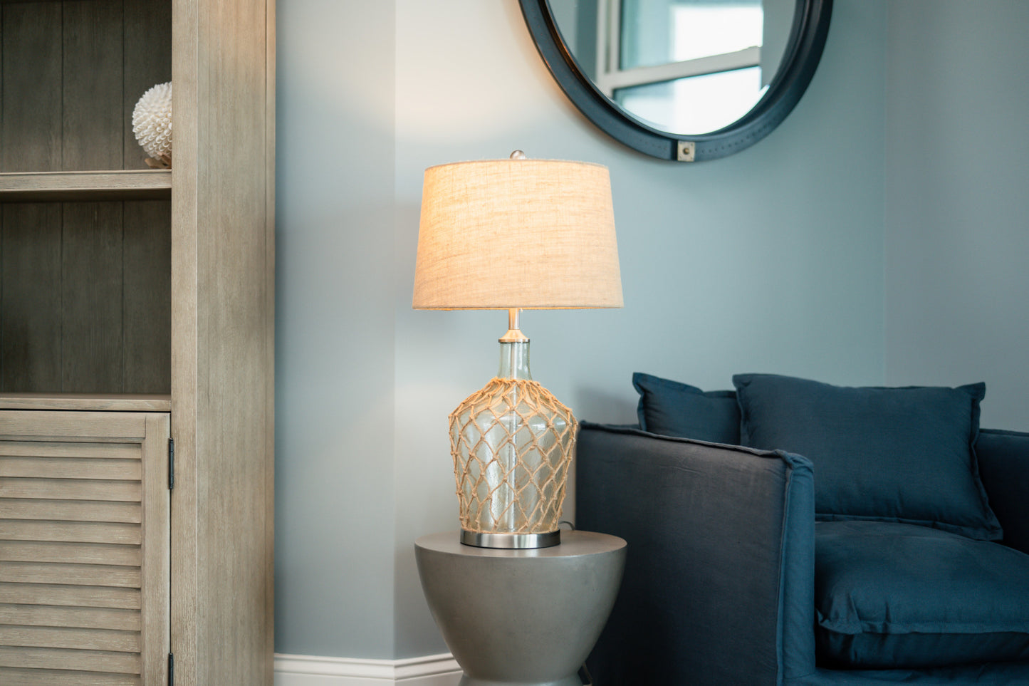 Set of Two 28" Light Blue And Silver Glass And Metal Coastal Table Lamps