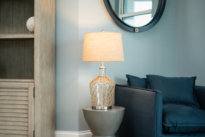 Set of Two 28" Light Blue And Silver Glass And Metal Coastal Table Lamps