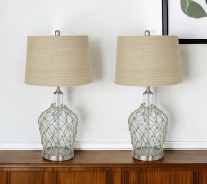 Set of Two 28" Light Blue And Silver Glass And Metal Coastal Table Lamps