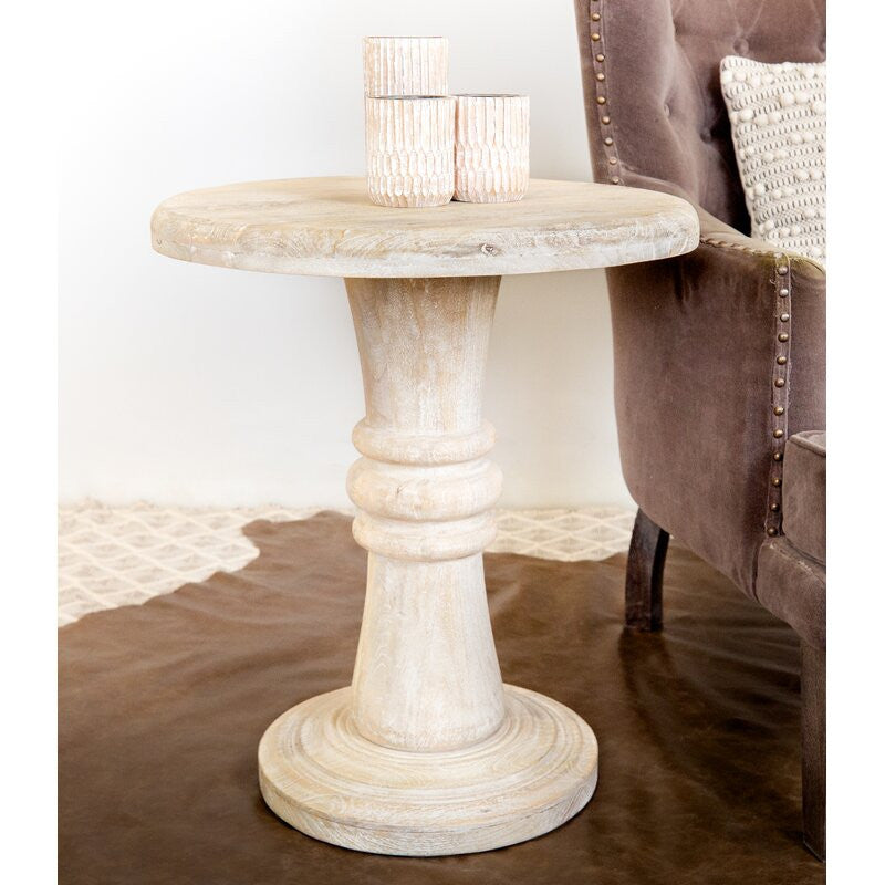 27" White Distressed Solid Wood Round Pedestal End Table