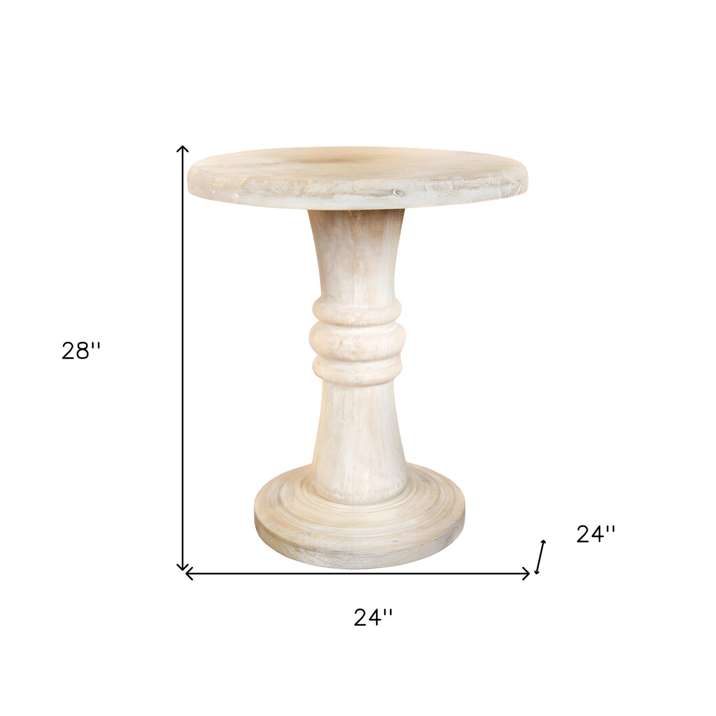27" White Distressed Solid Wood Round Pedestal End Table