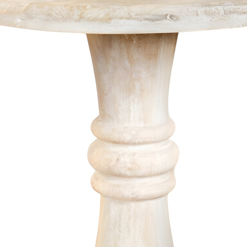 27" White Distressed Solid Wood Round Pedestal End Table