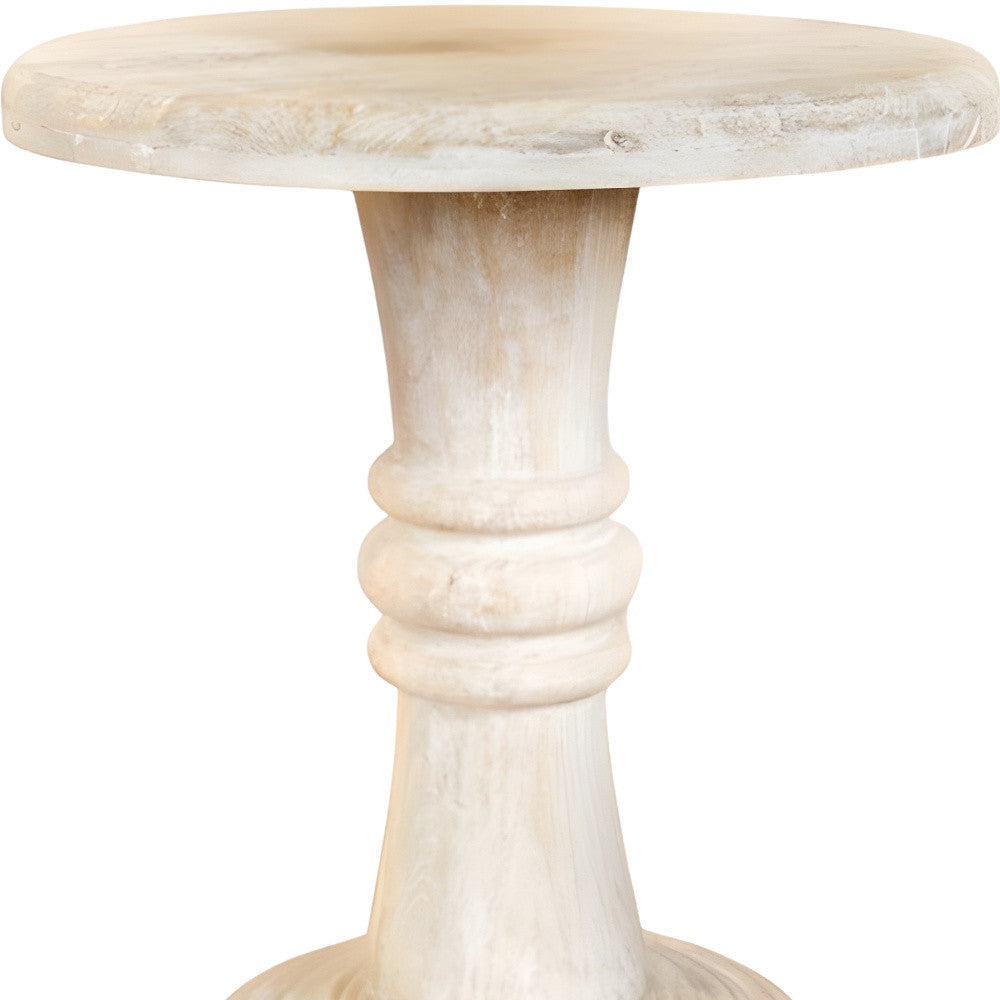27" White Distressed Solid Wood Round Pedestal End Table