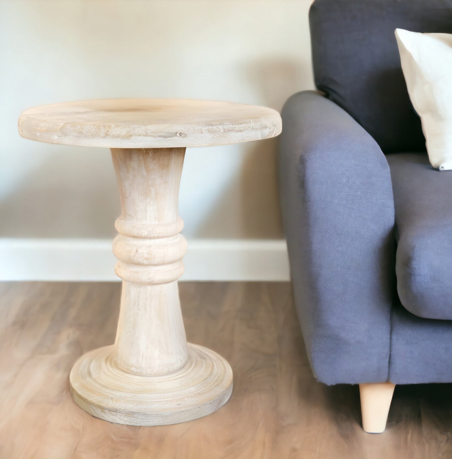 27" White Distressed Solid Wood Round Pedestal End Table