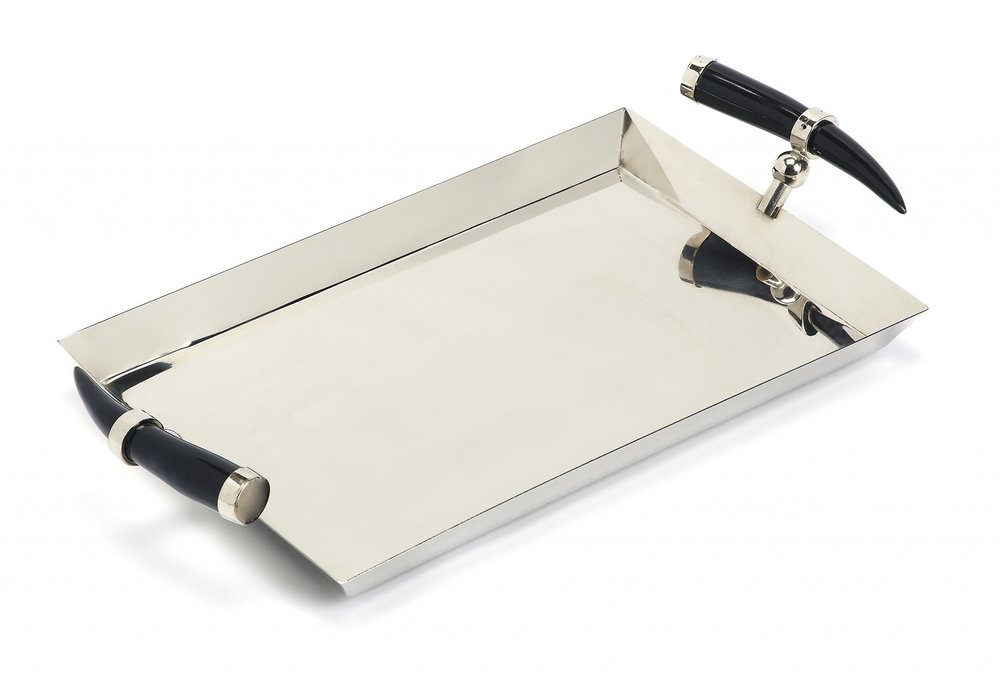 19" Silver Stainless Steel Serving Tray With Horn Handles