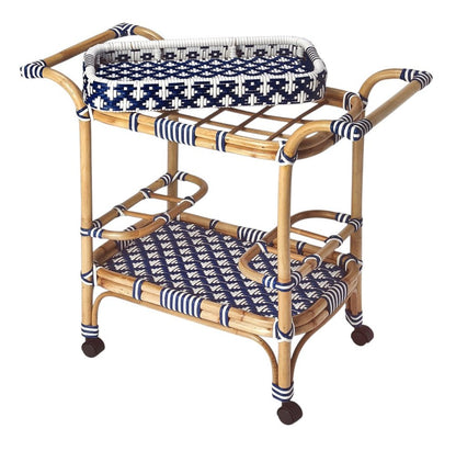 35" Navy Blue White And Natural Rolling Rattan Bar Cart