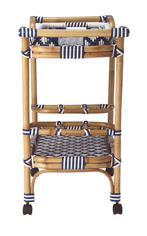 35" Navy Blue White And Natural Rolling Rattan Bar Cart