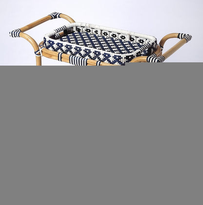 35" Navy Blue White And Natural Rolling Rattan Bar Cart