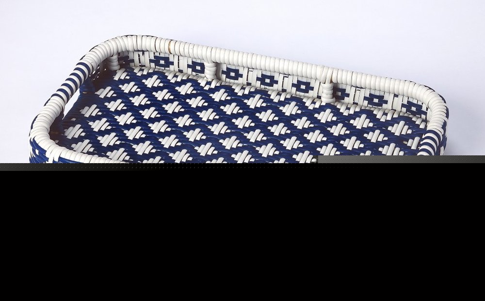 35" Navy Blue White And Natural Rolling Rattan Bar Cart