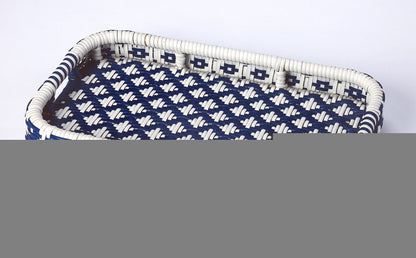 35" Navy Blue White And Natural Rolling Rattan Bar Cart