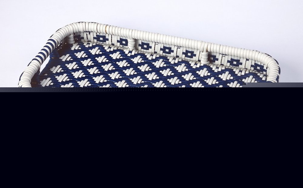 35" Navy Blue White And Natural Rolling Rattan Bar Cart