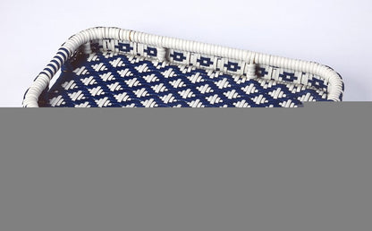 35" Navy Blue White And Natural Rolling Rattan Bar Cart