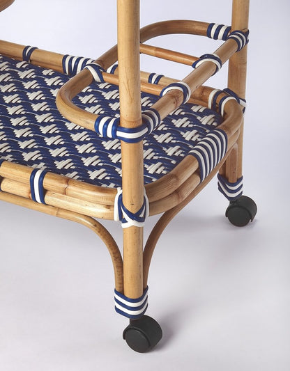 35" Navy Blue White And Natural Rolling Rattan Bar Cart