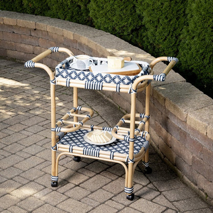 35" Navy Blue White And Natural Rolling Rattan Bar Cart