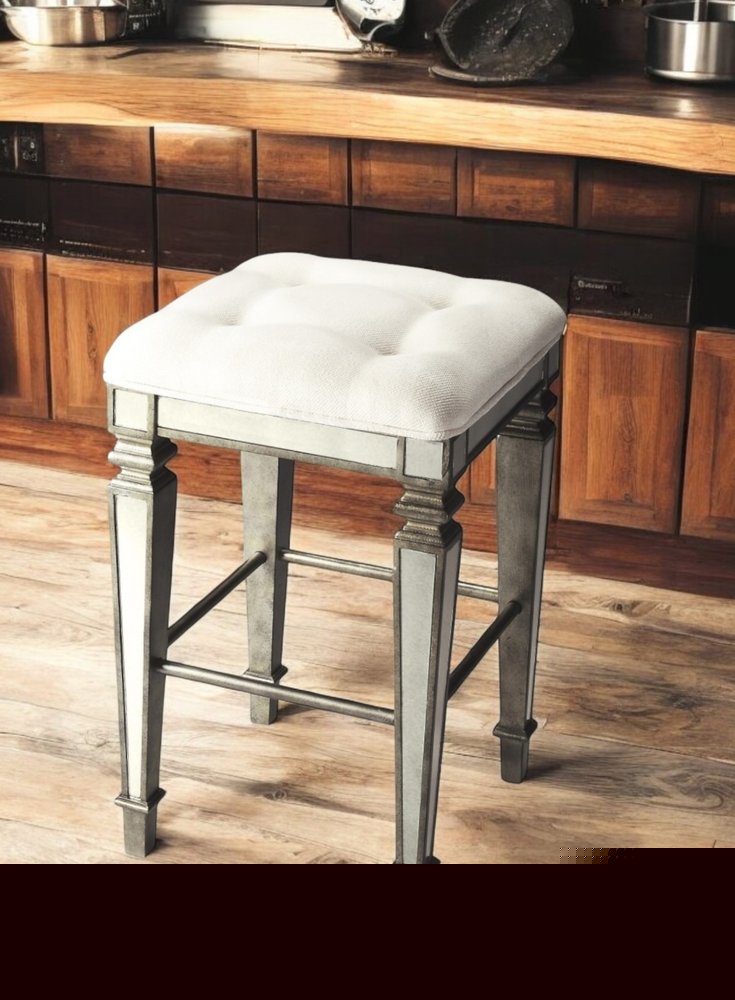 30" White and Silver Solid and Manufactured Wood Backless Counter Height Bar Chair