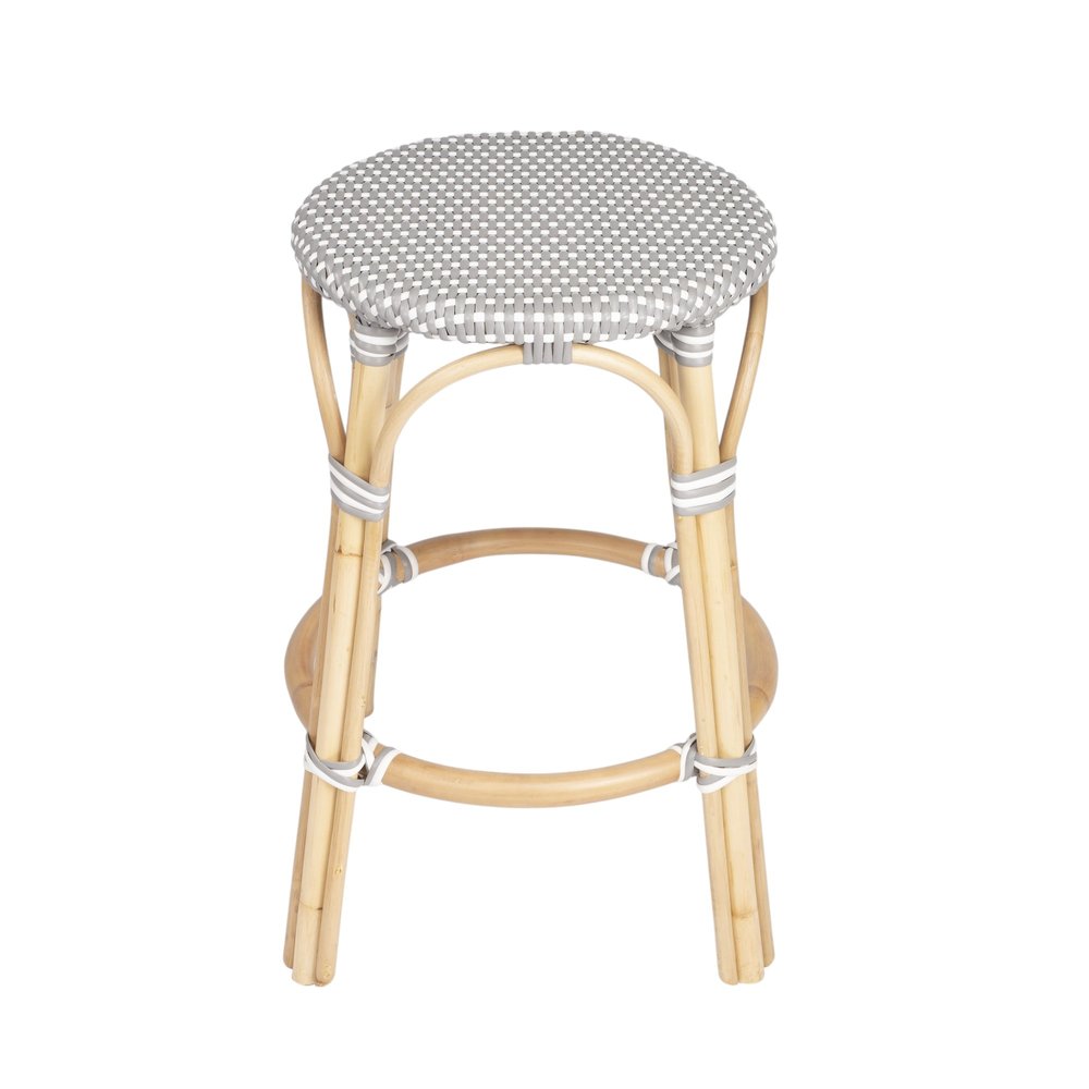 24" Gray White And Natural Heavy Duty Plastic And Rattan Backless Counter Height Bar Chair