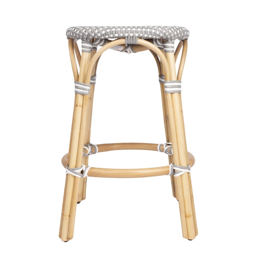 24" Gray White And Natural Heavy Duty Plastic And Rattan Backless Counter Height Bar Chair