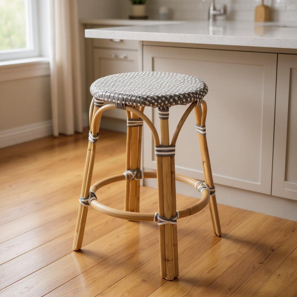 24" Gray White And Natural Heavy Duty Plastic And Rattan Backless Counter Height Bar Chair