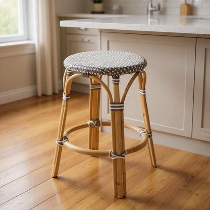 24" Gray White And Natural Heavy Duty Plastic And Rattan Backless Counter Height Bar Chair
