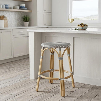 24" Gray White And Natural Heavy Duty Plastic And Rattan Backless Counter Height Bar Chair