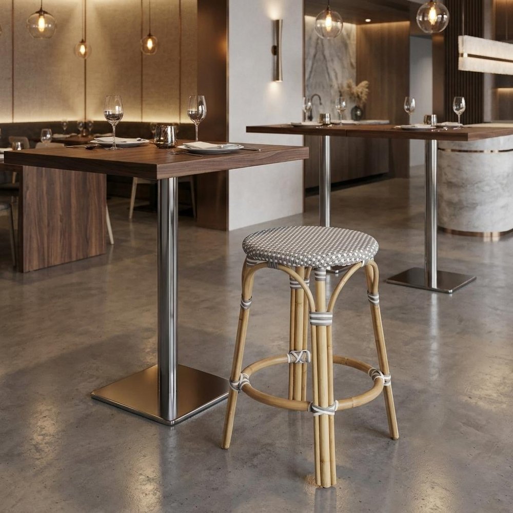 24" Gray White And Natural Heavy Duty Plastic And Rattan Backless Counter Height Bar Chair