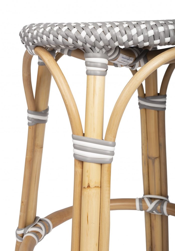 24" Gray White And Natural Heavy Duty Plastic And Rattan Backless Counter Height Bar Chair