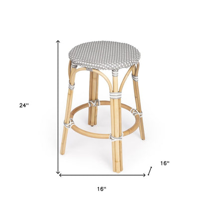 24" Gray White And Natural Heavy Duty Plastic And Rattan Backless Counter Height Bar Chair