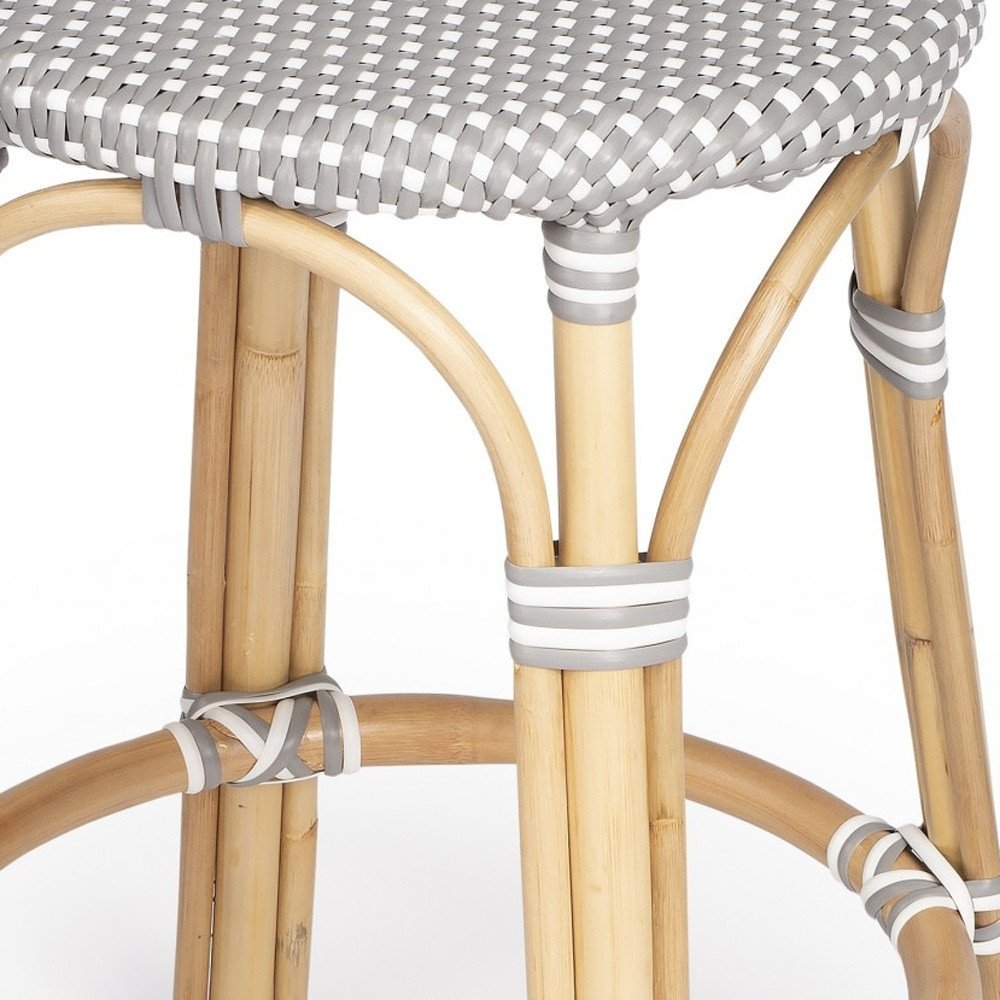 24" Gray White And Natural Heavy Duty Plastic And Rattan Backless Counter Height Bar Chair