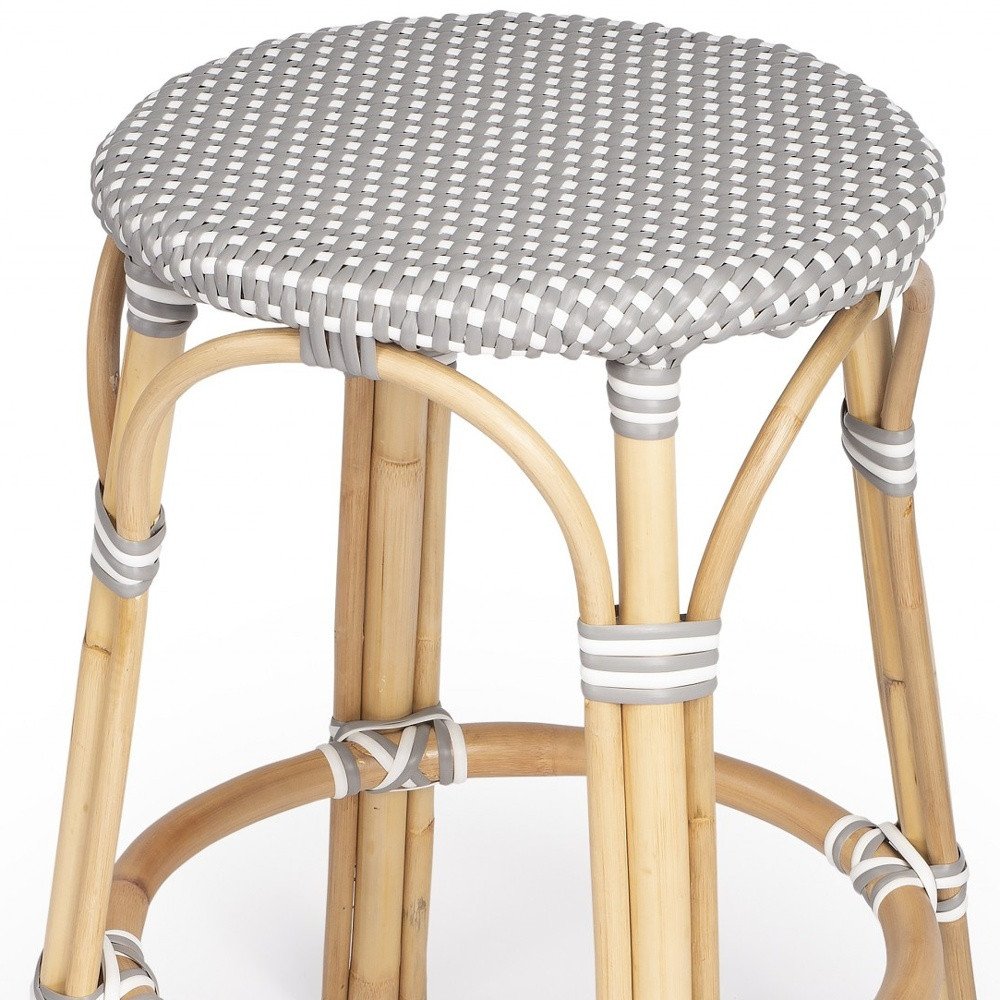 24" Gray White And Natural Heavy Duty Plastic And Rattan Backless Counter Height Bar Chair