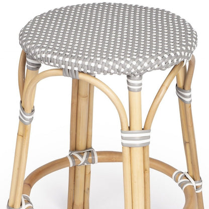 24" Gray White And Natural Heavy Duty Plastic And Rattan Backless Counter Height Bar Chair