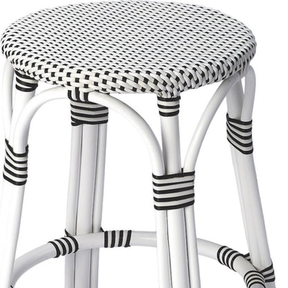 24" Black And White Heavy Duty Plastic And Rattan Backless Counter Height Bar Chair