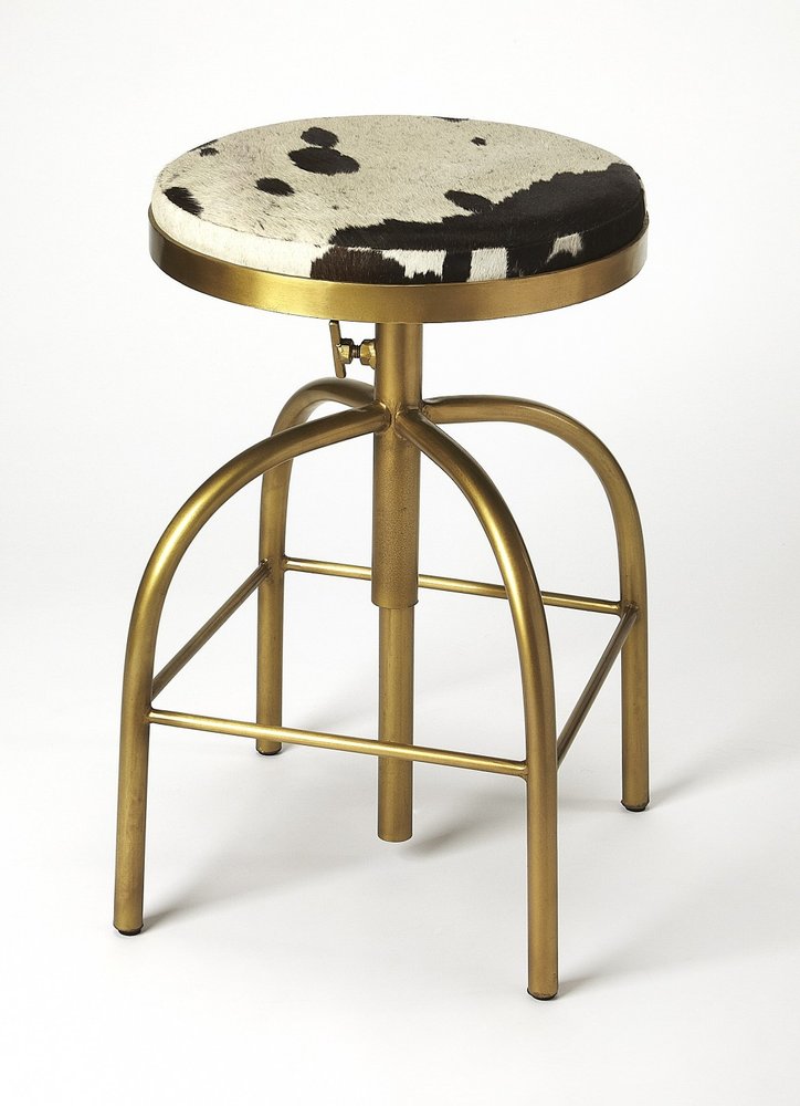 Black Off White And Gold Genuine Leather And Iron Backless Adjustable Height Swivel Bar Chair